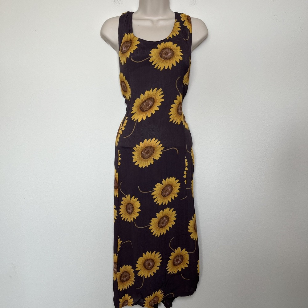 VTG 90s Women Midi Dress Brown Sunflower Floral Goblincore Gremlin Cottage Jumpe